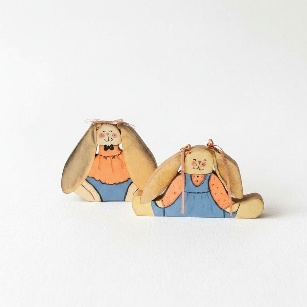 Hand-Painted Wooden Bunnies Handmade Vintage 1993 Folk Art Figurines